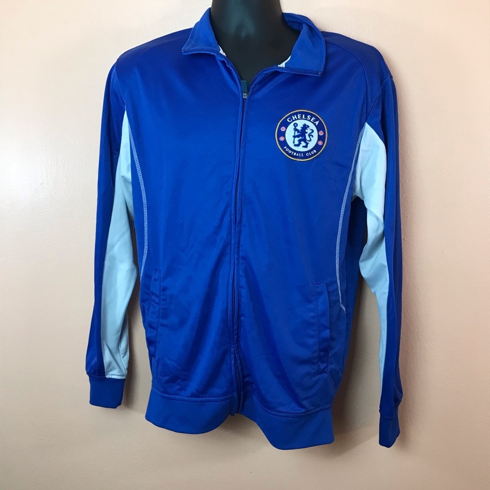 Chelsea FC Football Club Blue White Zip Front Warm Up Jacket Men M FLAWS Soccer